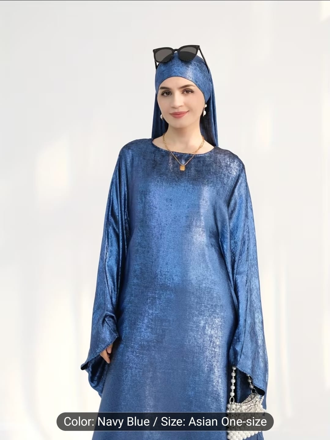 Luxe Metallic-Embroidered Abaya Dress (Blue)