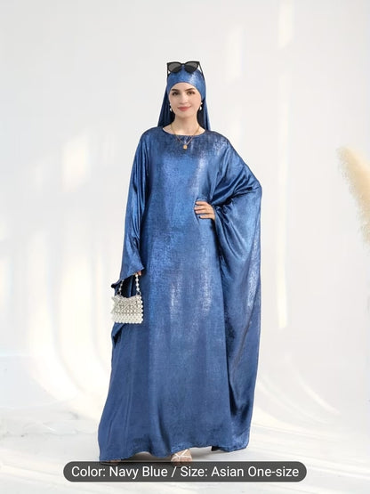 Luxe Metallic-Embroidered Abaya Dress (Blue)