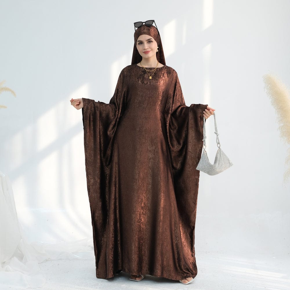 Luxe Metallic-Embroidered Abaya Dress (Brown)