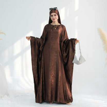 Luxe Metallic-Embroidered Abaya Dress (Brown)