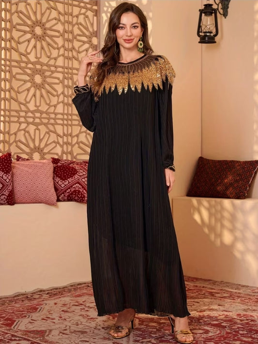 Black Pleated Golden Sequin Cape Dress