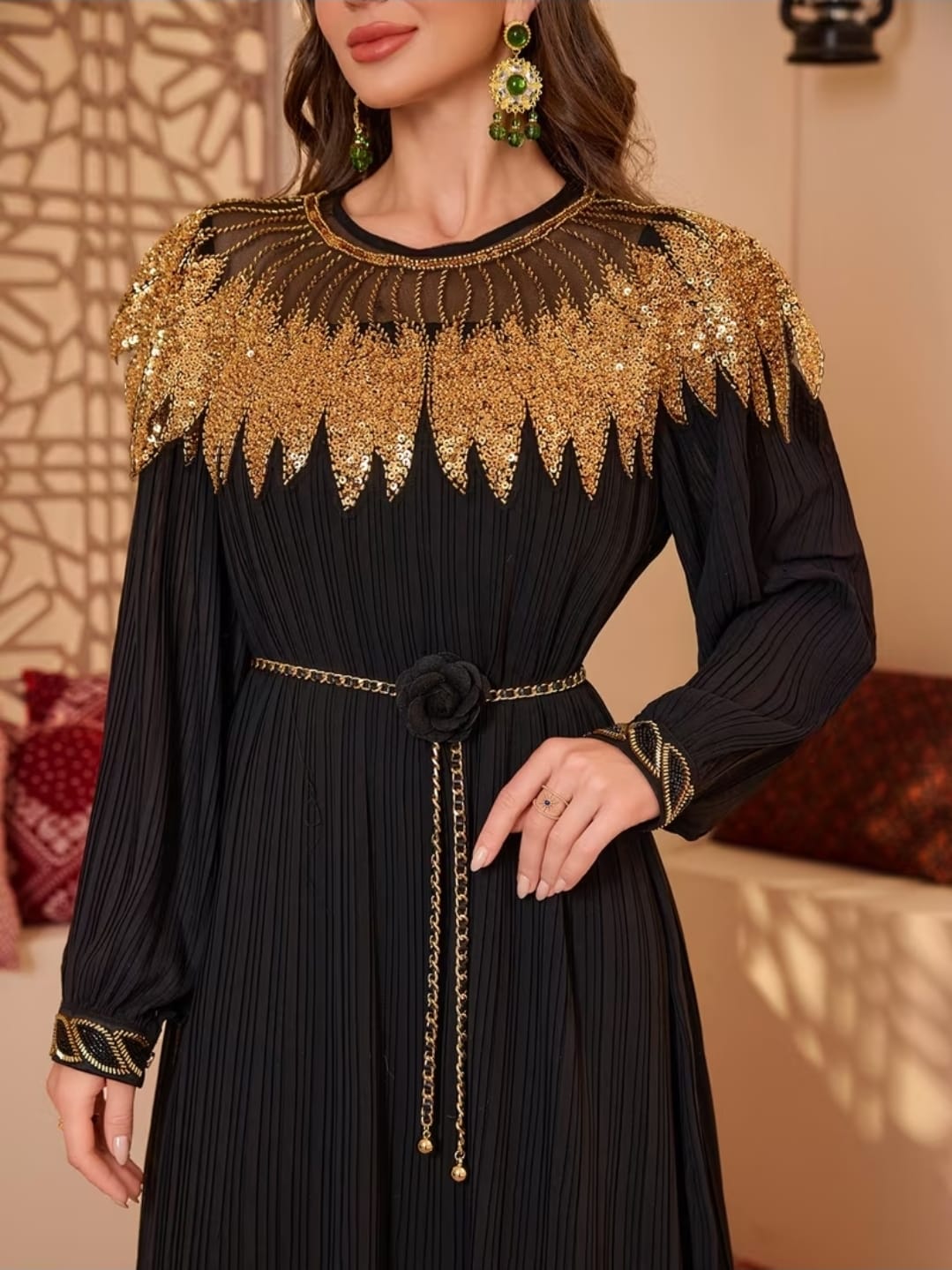 Black Pleated Golden Sequin Cape Dress