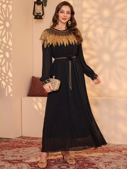 Black Pleated Golden Sequin Cape Dress