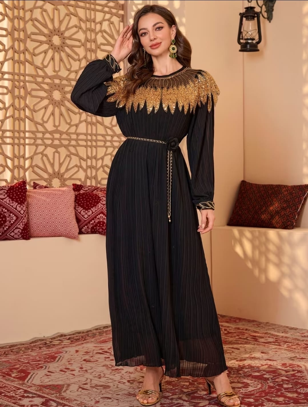 Black Pleated Golden Sequin Cape Dress