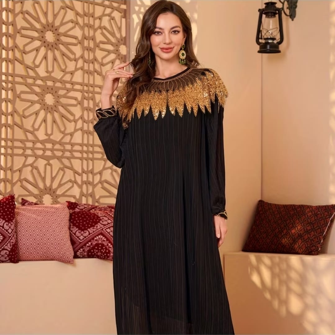 Black Pleated Golden Sequin Cape Dress