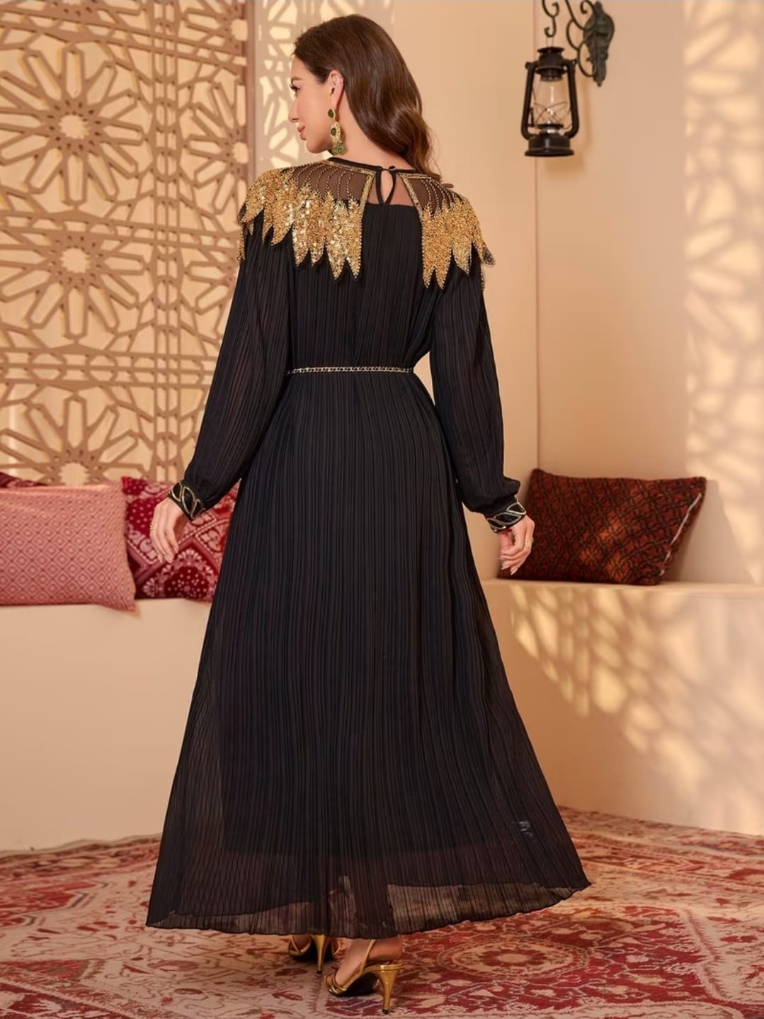 Black Pleated Golden Sequin Cape Dress