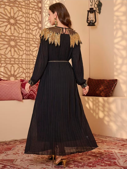 Black Pleated Golden Sequin Cape Dress