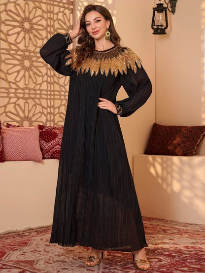 Black Pleated Golden Sequin Cape Dress