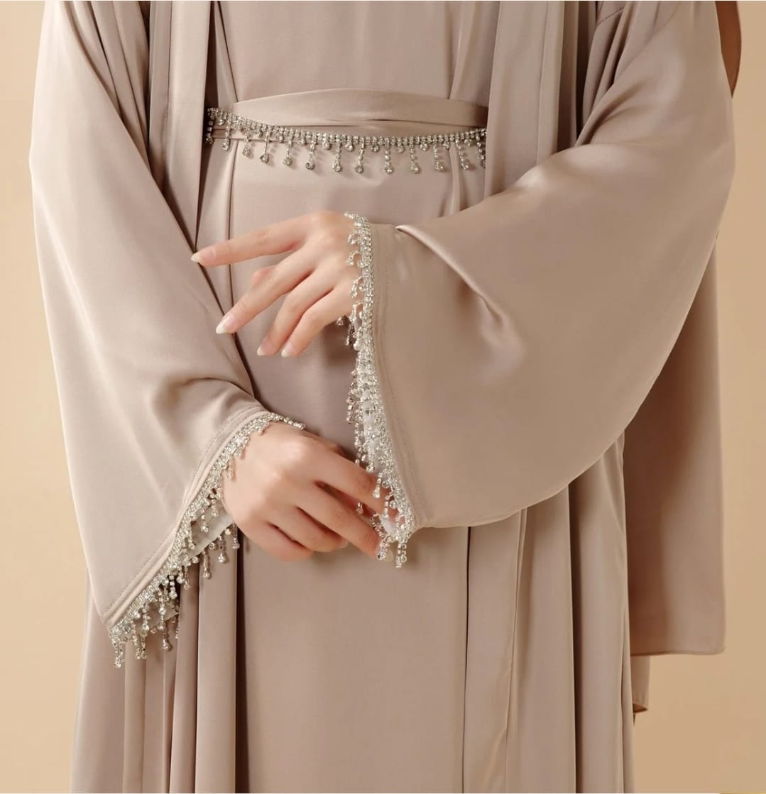Luxury Satin Abaya With Diamond Tassels Belt