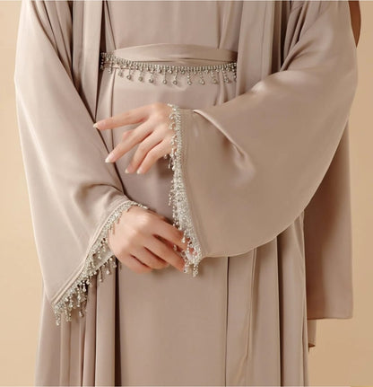 Luxury Satin Abaya With Diamond Tassels Belt