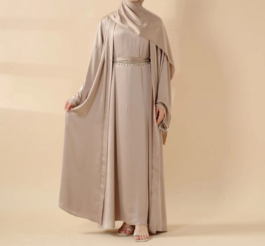 Luxury Satin Abaya With Diamond Tassels Belt