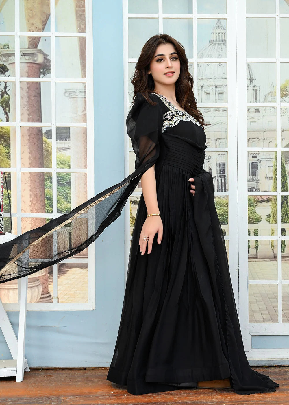 Mirror Chiffon Dress | Open Flared Sleeves